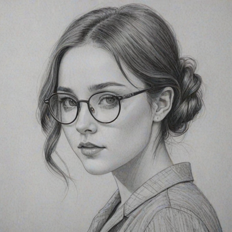 Gorgeous Madison Davenport, pencil sketch, portrait of Attractive woman 1924s in glasses, hair style beatnik, outline, clear lines, fine lines, 8k