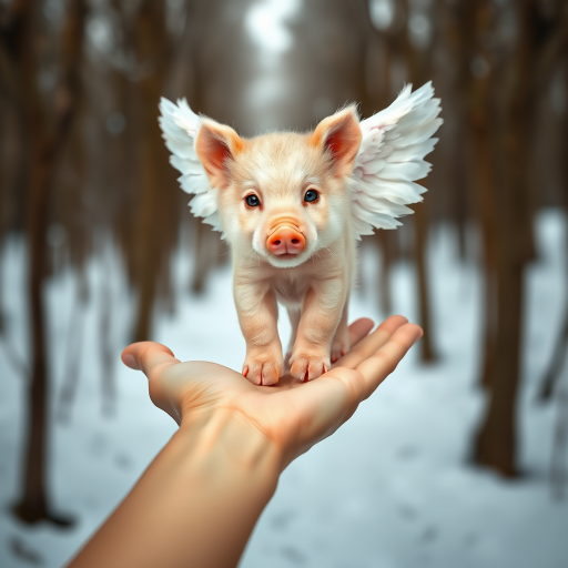 A small, pig with angelic wings standing on a human hand. The cub has a soft, fluffy texture with detailed fur, expressive blue eyes, and a curious expression. The wings are large and feathery, blending seamlessly with its fur, giving an ethereal appearance. The background is a winter forest, with the ground covered in snow and blurred brown trees, creating a serene atmosphere. The human hand in the foreground is positioned palm-up, supporting the lion cub gently, fingers slightly curled. The lighting is soft and diffused, enhancing the tender and magical feel of the scene. Colors are predominantly neutral with white, cream, and soft browns, contrasting with the subtle blue of the lion cub's eyes. The overall composition is balanced, with the cub at the center, creating a focal point that draws the viewer's attention immediately.