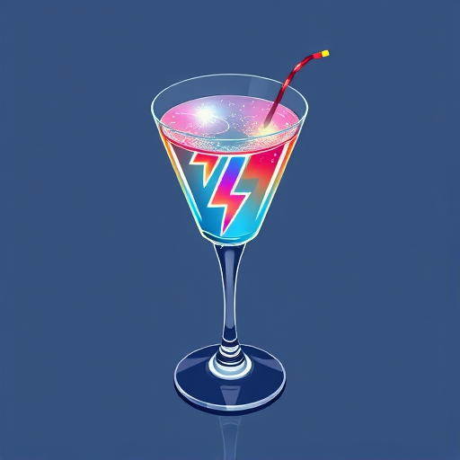 Generate a high-quality illustration of a cocktail glass with a lightning bolt design, shot in a studio setting using a DSLR camera at f/2.8 aperture, ISO 100, 50mm lens, top-down view, soft lighting for a clean and modern look.