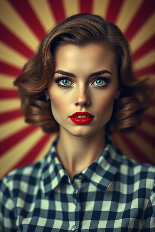 Vintage retro portrait of a woman with vibrant green eyes and red lips, wearing a classic checkered blouse, with a dynamic radial background; use a DSLR camera at f/2.8, ISO 100, 50mm lens, soft focus style to enhance image quality and create a classic vintage feel.
