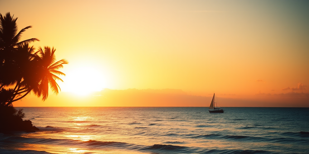 Create a vibrant sunset scene over a calm ocean with silhouettes of palm trees, a small sailboat on the water, golden sunlight reflecting on the waves, ISO 200, f/8 aperture, 1/200 sec shutter speed, captured with a DSLR camera in landscape orientation.