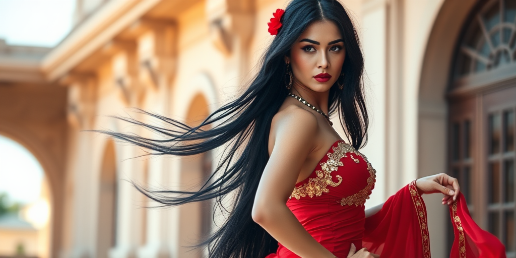 Create a high-resolution portrait of an exotic dancer with flowing black hair, wearing a red and gold costume, captured in soft natural light; use a DSLR camera, 85mm lens, f/1.8 aperture, ISO 200, and a shallow depth of field, focusing on the dancer's graceful posture against a beautiful architectural background with warm, golden hues.
