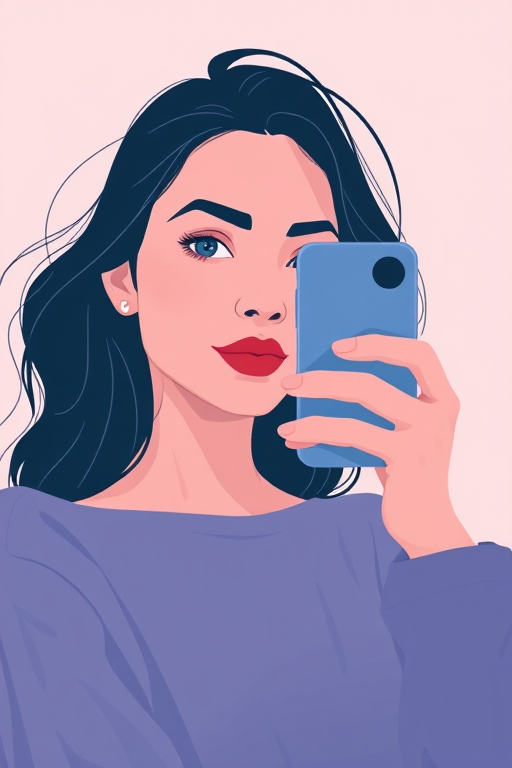 create a minimalistic digital illustration of a woman taking a selfie, set against a clean background with a vibrant color palette, use a wide-angle lens, aperture f/5.6, ISO 100, 24mm focal length, soft lighting to enhance colors and details.