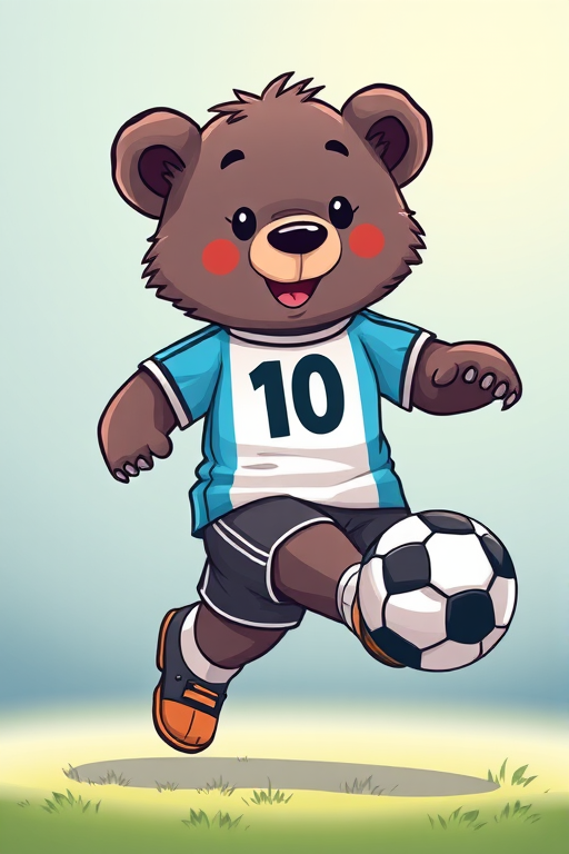 Generate a cute cartoon illustration of a bear wearing an Argentina soccer jersey with the number 10, dribbling a soccer ball, with vibrant colors, set against a soft, blurred background, using a digital illustration style; camera settings: ISO 100, aperture f/4, shutter speed 1/200s, with a close-up view for enhanced detail.