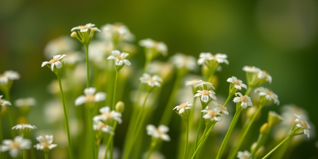 Close-up shot of white flowers on green stalks, shallow depth of field, f/2.8 aperture, 50mm lens, natural lighting, soft focus background, DSLR camera.
