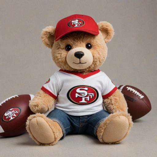 A cute and fluffy teddy bear dressed in a San Francisco 49ers-themed outfit, wearing a red cap with the 49ers logo, aviator sunglasses, and a white football jersey with red accents. The bear is also wearing casual jeans and red and white sneakers, while sitting in a relaxed pose with a football beside it. The teddy bear has a cool, laid-back attitude, with a sporty vibe. The background is clean and minimal, highlighting the bear as the main focus.