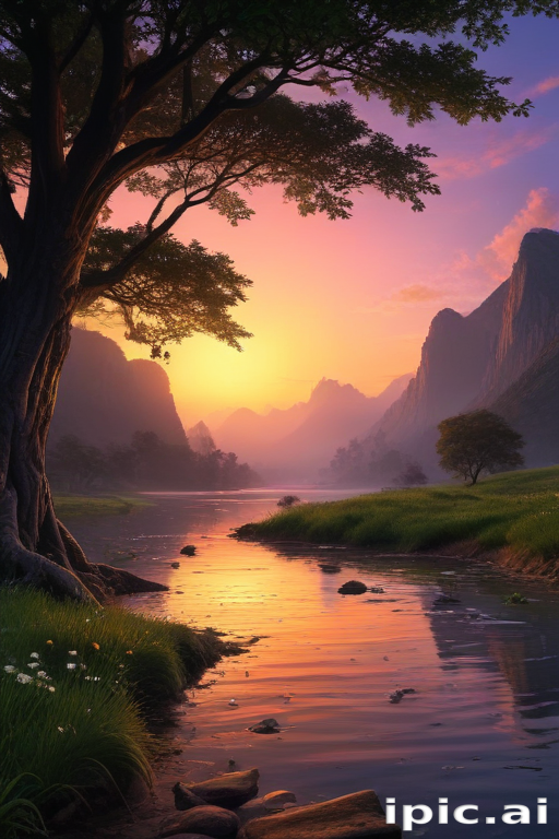 Tranquil Sunset Over a Serene River Surrounded by Majestic Mountains