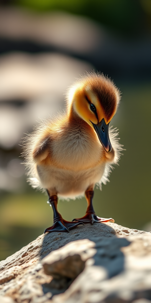 A close-up of a duckling preening itself while perched on a rock, natural sunlight illuminating its soft feathers, f/4 aperture, 1/200s shutter speed, ISO 200, captured with a DSLR camera using a 100mm macro lens from a low angle to enhance detail and depth.