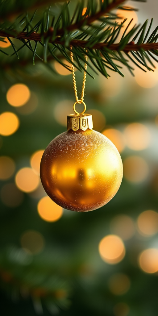 Capture a close-up shot of a golden Christmas ornament hanging from a pine tree branch with a blurred background of soft, twinkling lights, using a DSLR camera with a 50mm lens at f/1.8, ISO 200, shutter speed 1/100 sec, in natural daylight for enhanced bokeh effect.