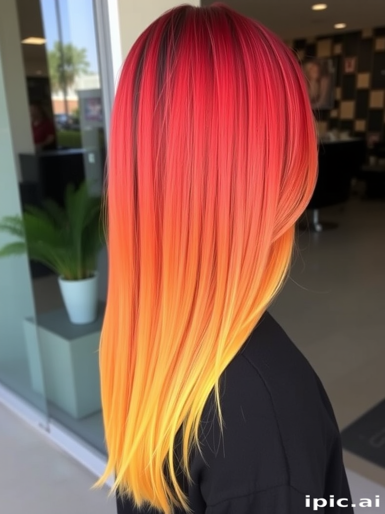 Fierce Flame Ombre demonstrating a gradual transition from fiery red roots to brilliant orange mid-lengths and sunny yellow tips, styled in sleek, straight layers