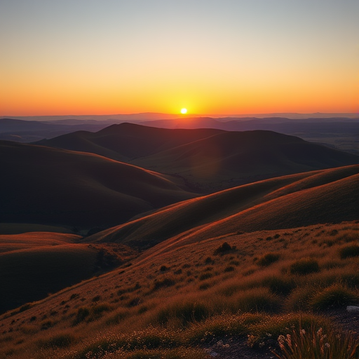 Create a high-resolution image of a serene landscape at sunrise featuring rolling hills and a clear sky, with a Canon EOS R5, 50mm lens, aperture set to f/1.8, ISO 100, 1/200 sec shutter speed, landscape orientation, and vibrant colors.
