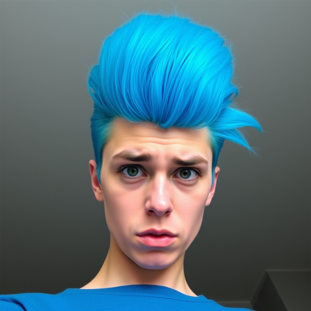Image of a person with their hair styled upright,  in a cylinder shape. The hair  color is neon blue and appears to be held in place by a hair product, giving it a fluffy texture. The background is nondescript, and the person's face is looking at the viewer nervously.