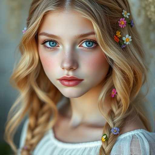 Create an image of a young woman with long, wavy blonde hair, adorned with small, colorful flowers woven into her braids and loose strands. Her complexion is fair, with soft, glowing skin, and she has light blue eyes that gaze softly at the viewer. She wears a light, flowing dress with a gentle, ethereal quality, complementing her delicate and serene appearance. The background is slightly blurred, drawing focus to her tranquil expression and the intricate details of the flowers in her hair. The overall mood of the image is one of natural beauty and grace, evoking a sense of peacefulness and connection with nature.
