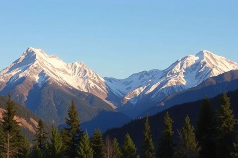 capture a majestic mountain landscape with snow-capped peaks under a clear blue sky, foreground with evergreen trees, use a full-frame DSLR camera, ISO 100, aperture f/11, shutter speed 1/200 sec, golden hour lighting for a warm tone, wide-angle lens for expansive view