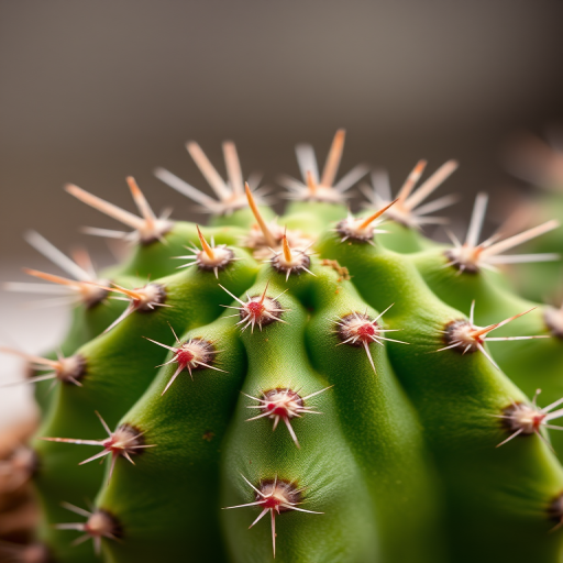 close-up of textured green cactus with spines and pink edges, macro lens, aperture f/2.8, ISO 100, 50mm lens, natural lighting, shallow depth of field, DSLR camera