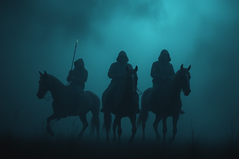 A dark, atmospheric scene of three ghostly figures on horseback shrouded in mist, high dynamic range photography, f/1.8 aperture, 35mm lens, ISO 100, soft focus, low-angle view, captured with a DSLR camera.
