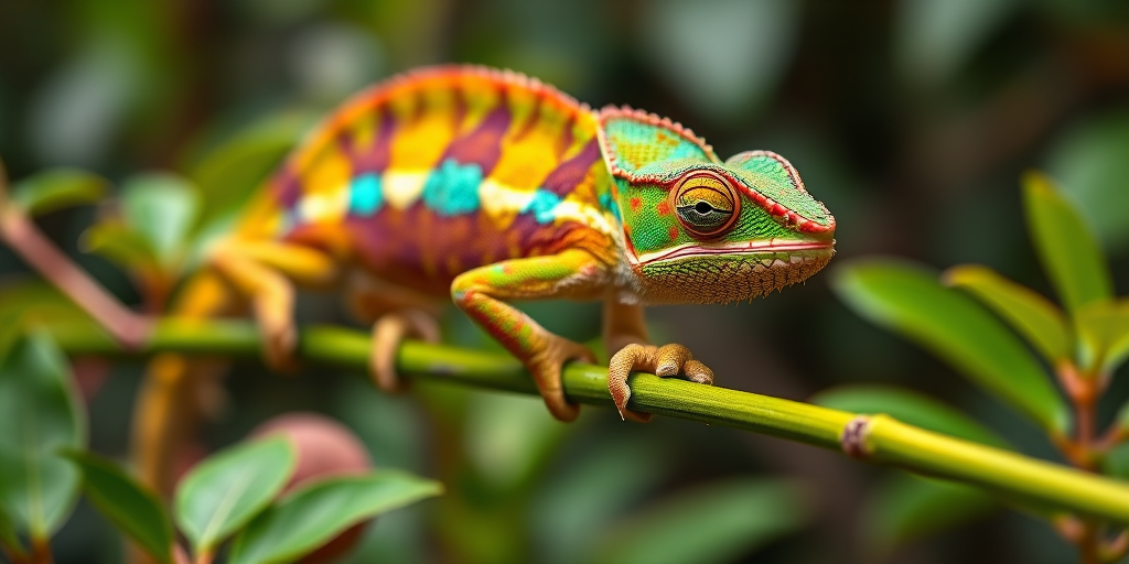 Capture a close-up of a vibrant chameleon perched on a green branch with lush foliage in the background, using a Canon EOS 5D Mark IV with a 100mm macro lens, aperture set to f/2.8 for a shallow depth of field, ISO 200 for clarity, and natural soft lighting to enhance colors.