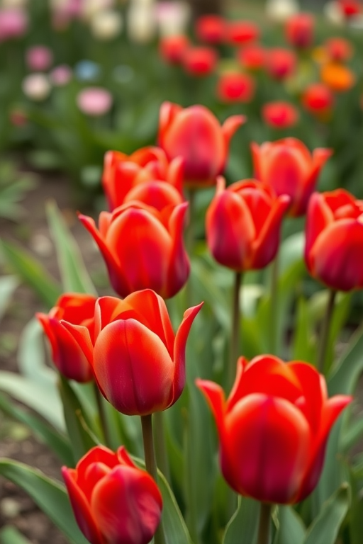 regenerate an image of vibrant red tulips in a green garden setting with soft-focus background details