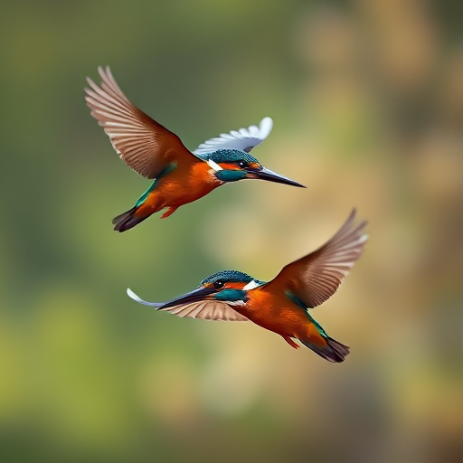 capture a dynamic shot of two kingfisher birds in mid-flight against a softly blurred natural background, using a Canon EOS R5 with a 100-400mm lens, f/5.6 aperture, 1/2000 shutter speed, ISO 800, shot from a low angle for an engaging perspective, utilizing a shallow depth of field to emphasize the vibrant colors of the birds while blurring the background.