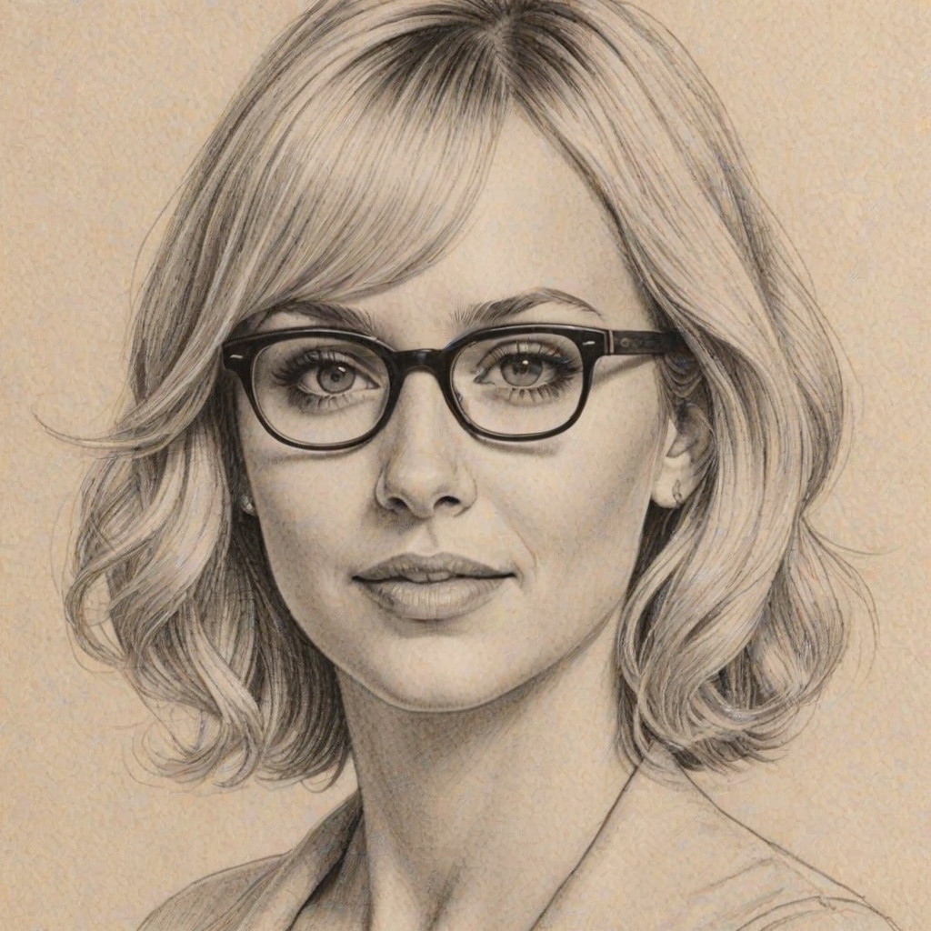 Enticing Anna Faris, pencil sketch, portrait of Delightful woman 1947s in glasses, hair style beatnik, outline, clear lines, fine lines, 8k