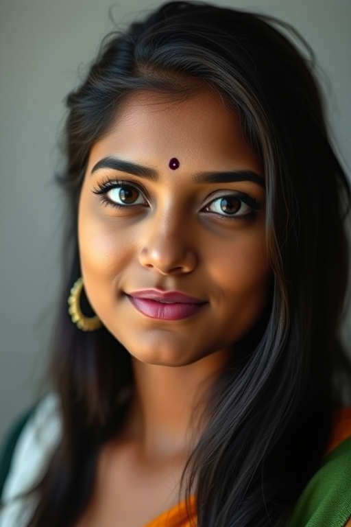 portrait of a young woman with dark hair and a bindi on her forehead, soft light, shallow depth of field, 50mm lens, f/1.8, ISO 100, portrait mode, studio background