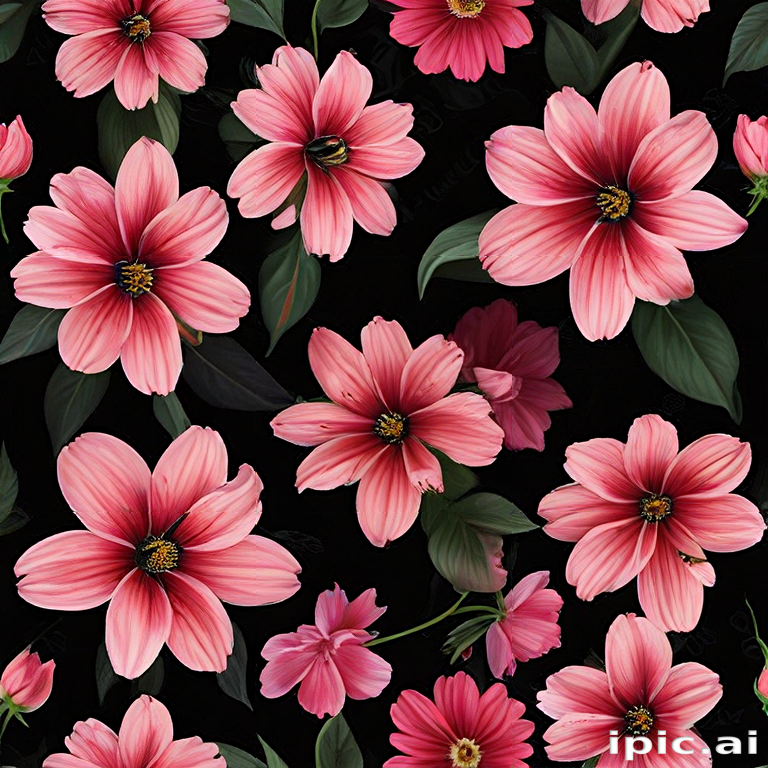 Vibrant Pink Flowers Blooming Against a Striking Black Background