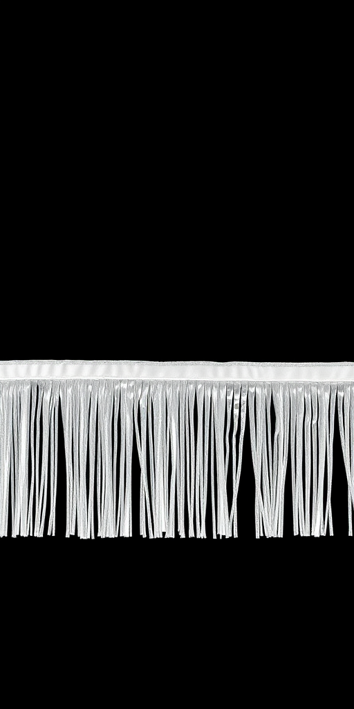 Create a high-resolution image of a silver reflective fringe trim against a solid black background, using a DSLR camera with a 50mm lens, aperture set to f/2.8, ISO 100, and a shutter speed of 1/125s, shot from a straight-on perspective.