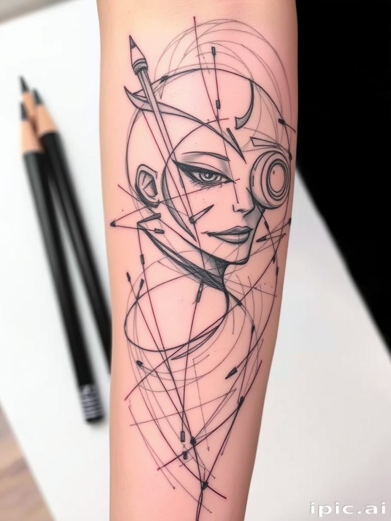 Sketch-style tattoo titled "Artistic Reverie" featuring loose pencil-like strokes and incomplete lines creating an unfinished aesthetic with a mix of detailed and abstract elements