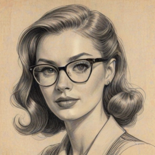 Elegant Ginger Gonzaga, pencil sketch, portrait of Sublime woman 1941s in glasses, hair style beatnik, outline, clear lines, fine lines, 8k