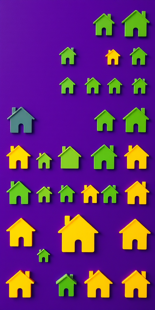 Create a high-resolution digitally designed grid layout featuring various abstract house icons in green and yellow on a deep purple background, captured with a DSLR camera using a 50mm lens, f/2.8 aperture, ISO 100, in a top-down view with enhanced color saturation for vibrancy.
