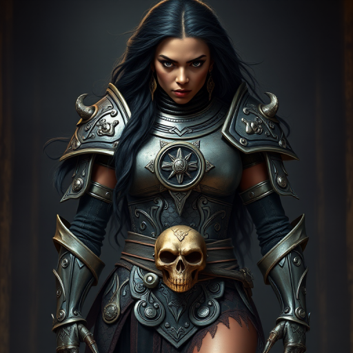 Create a photo of a fierce Yoruba female warrior with long black hair, wearing an ornate, metallic armor. The armor includes a breastplate with intricate designs, shoulder guards, and gauntlets. The breastplate is decorated with a central emblem, possibly representing a mythical symbol, and has a sculpted, form-fitting design. She wears a belt with a large skull ornament at the center, and her armor extends into a partial skirt, revealing one leg. The overall look is both protective and stylish, with a dark, gothic aesthetic. The background is dimly lit, suggesting a medieval or fantasy setting, enhancing the warrior's imposing presence and intense expression.