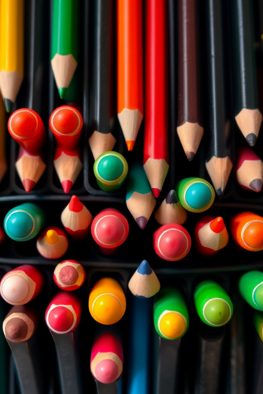 high-resolution image of a neatly organized set of colored pencils in black cases, top-down view, natural lighting, ISO 200, f/4, 1/60 sec, macro lens, DSLR camera