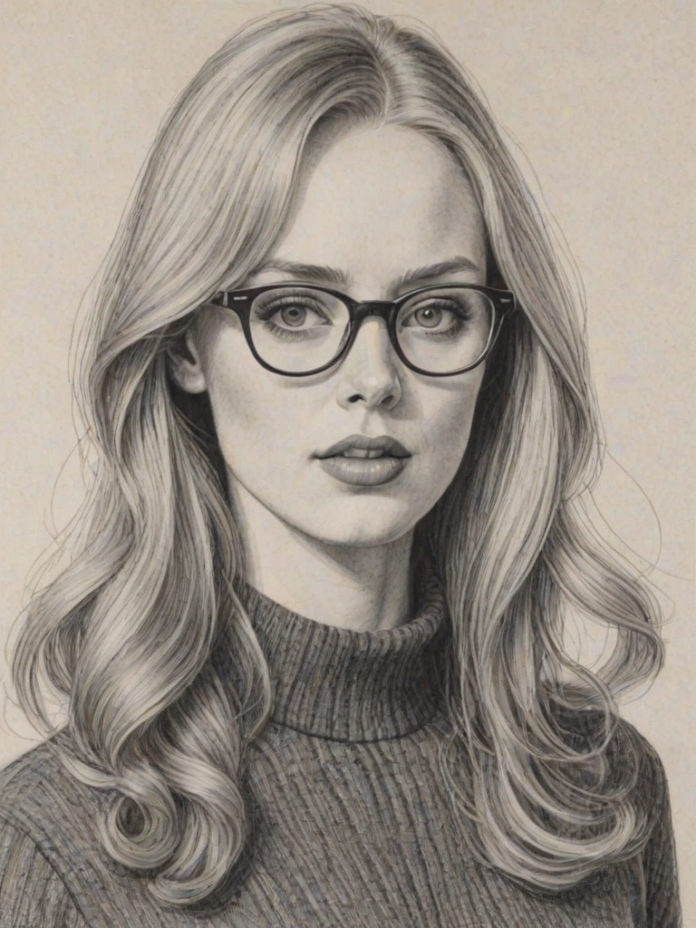 Exquisite Deborah Ann Woll, pencil sketch, portrait of Fetching woman 1967s in glasses, hair style beatnik, outline, clear lines, fine lines, 8k