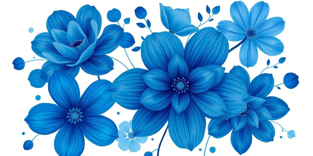 Create a vibrant illustration of abstract blue floral designs with varying sizes and shapes, using a high-quality digital art style with a soft focus effect, shot with a high-resolution camera at f/5.6 aperture, 1/125 shutter speed, and 50mm lens, ensuring a clean white background for contrast.