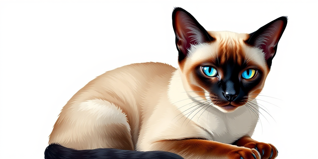 regenerate a detailed illustration of a Siamese cat sitting in a relaxed pose with vibrant colors and smooth shading, camera settings: aperture f/8, shutter speed 1/250, ISO 100, camera view: close-up, camera style: digital painting, camera type: DSLR