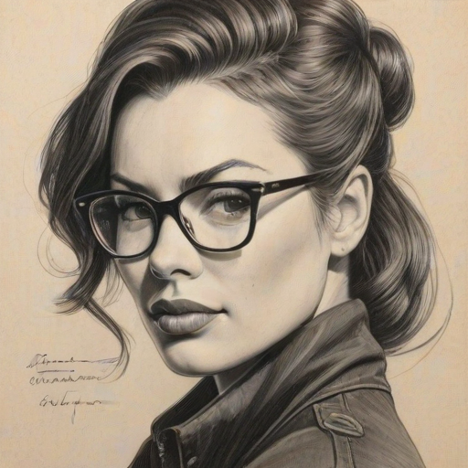 Magnificent Krista Allen, pencil sketch, portrait of Stunning woman 1947s in glasses, hair style beatnik, outline, clear lines, fine lines, 8k