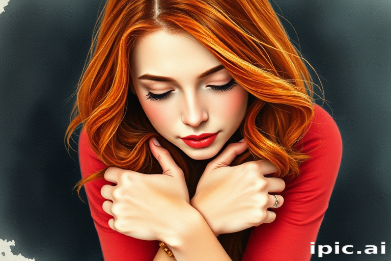 watercolor of A young woman with long wavy red hair rests her head on the closed hands. Wear a red top and a delicate bracelet on the left wrist. Her expression is soft and contemplative, with natural makeup and subtle pink lipstick. The background is dark and blurred, with focus on the face and hands.