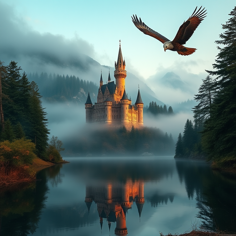 fantasy landscape featuring a majestic castle surrounded by misty forest and a serene lake, with an eagle soaring overhead reflecting on the water, shot with a Canon EOS R5, 24mm lens, f/8 aperture, ISO 100, at sunrise for soft lighting and enhanced detail.