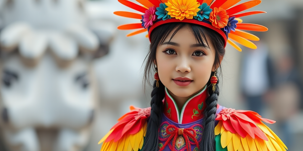 A beautiful Taiwanese girl, wearing colorful bird clothing with vibrant colors