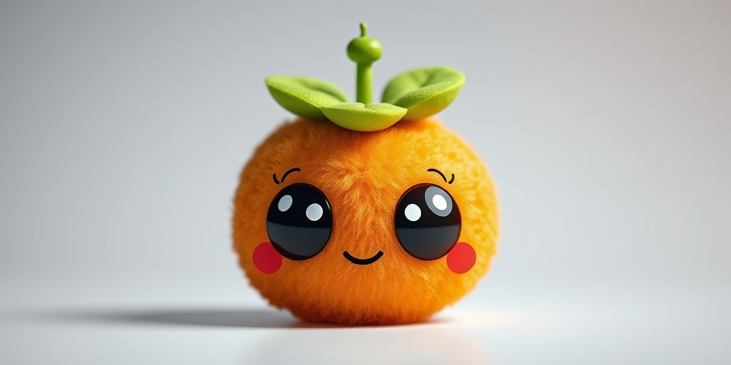Create a cute cartoon character resembling a round, furry fruit with large eyes and green leaves on top, shot with a DSLR camera at f/2.8, ISO 100, 50mm lens, with a shallow depth of field and bright, soft lighting for enhanced detail and texture.