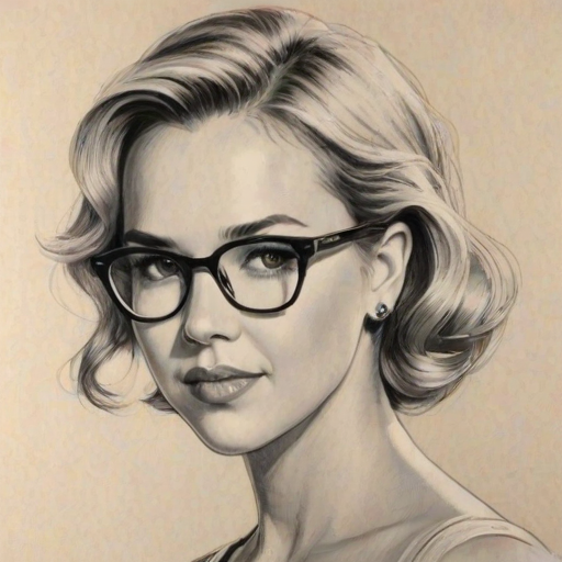 Elegant Arielle Kebbel, pencil sketch, portrait of Alluring woman 1956s in glasses, hair style beatnik, outline, clear lines, fine lines, 8k