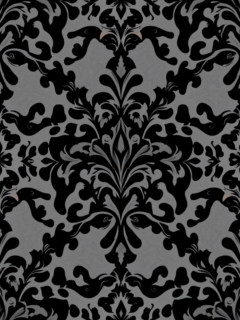 regenerate a seamless black damask pattern with intricate floral designs in high resolution, using a DSLR camera, f/8 aperture, 50mm lens, ISO 100, soft diffused lighting and a top-down view to enhance details and contrast