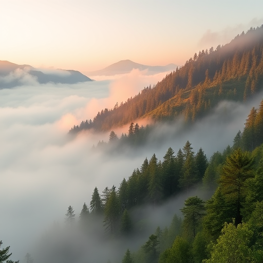 capture a misty mountainous landscape with lush green trees and dense fog in the valleys, use a wide-angle lens at f/11 for deep focus, shutter speed 1/125s, ISO 100, natural lighting during sunrise, DSLR camera with a high-resolution sensor