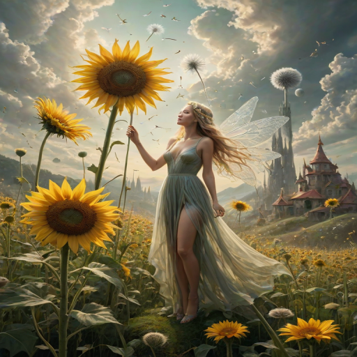 A surreal allegory featuring ethereal fairies, towering sunflowers, and an enigmatic witch, all set within a dreamlike landscape. The scene is dominated by a colossal dandelion, its delicate seeds floating through the air, reminiscent of Yves Tanguy's abstract forms. The environment is a blend of otherworldly elements and natural beauty, with twisted, elongated shapes and surreal colors that evoke a sense of mystery and enchantment.