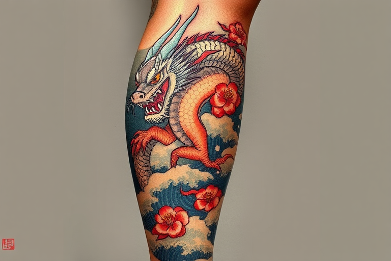 Bold traditional Japanese tattoo spanning the entire leg, showcasing a fierce dragon intertwined with cherry blossoms and crashing waves, utilizing rich colors and bold outlines in the classic Irezumi style