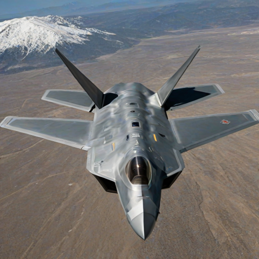 This photograph captures a sleek, gray (F-22 Raptor:2.0) fighter jet on a runway, with a backdrop of a snow-capped mountain range under a clear blue sky. The jet's sleek, angular design and metallic surface reflect the light, giving it a sharp, high-tech appearance. The aircraft's tail section bears the designation "TY" and the serial number "TY-123." The jet's landing gear is extended, with the main wheels and nose gear visible. The background features a range of snow-capped mountains, with the highest peaks shrouded in a light mist, adding a sense of depth and grandeur to the scene. The runway itself is a wide, flat expanse of concrete, with a yellow "F" marking at the end, indicating the direction of the runway. The overall atmosphere is one of precision and readiness, with the jet poised for takeoff or landing. The photograph's clarity and detail highlight the aircraft's advanced design and the rugged, natural environment surrounding it. The image is taken during the day, with natural light illuminating the scene.