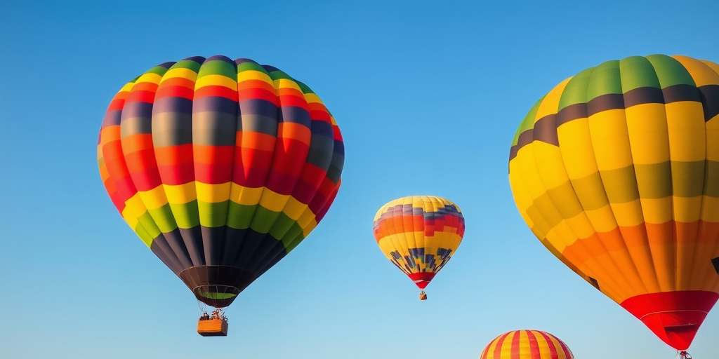 Create an image of two colorful hot air balloons in the shape of zeppelins against a clear blue sky, taken with a DSLR camera at f/8, ISO 100, 1/200 sec, using a wide-angle lens at 24mm for a vibrant, high-quality effect.