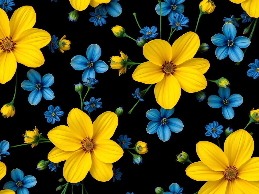 Create a repeating floral pattern featuring vibrant yellow flowers and blue blossoms on a black background, captured with a DSLR camera at f/2.8, ISO 100, 50mm lens, top-down view, macro photography style.