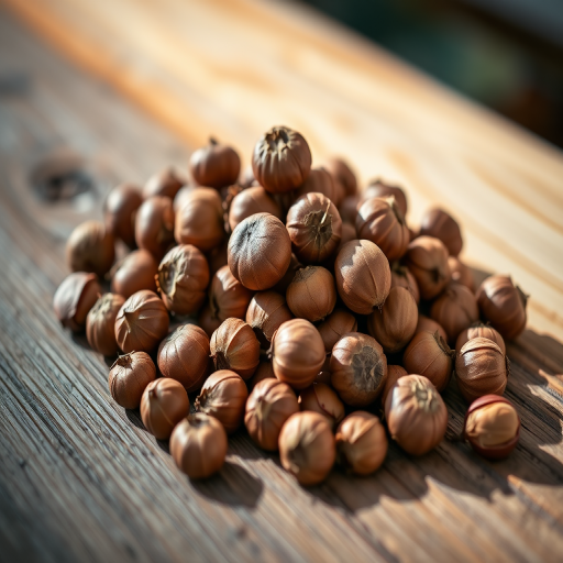 photograph of a pile of hazelnuts on a rustic wooden surface with soft natural lighting, macro lens, aperture f/2.8, shutter speed 1/125s, ISO 200, shallow depth of field, classic still life composition, DSLR camera