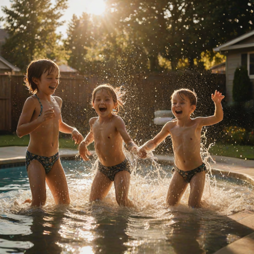 Blurry action shot of a group of kids splashing in a backyard pool, water droplets flying through the air, with soft golden light from the setting sun casting long shadows on the surface.